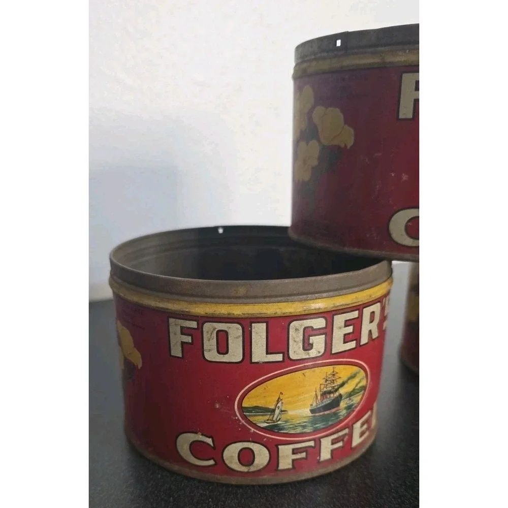 3pc Vintage Folgers 1931 Kansas City Coffee Tin Can Coffee Antique Metal No Lids